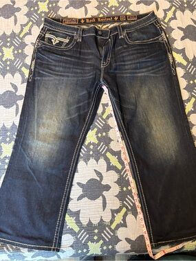 Rock Revival Dark Blue Arran relaxed str Leg Jeans with Contrast Stitching